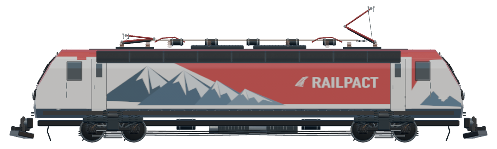 Vue de profil du modèle de locomotive suisse S01, dans sa livrée RAILPACT rouge et blanche.